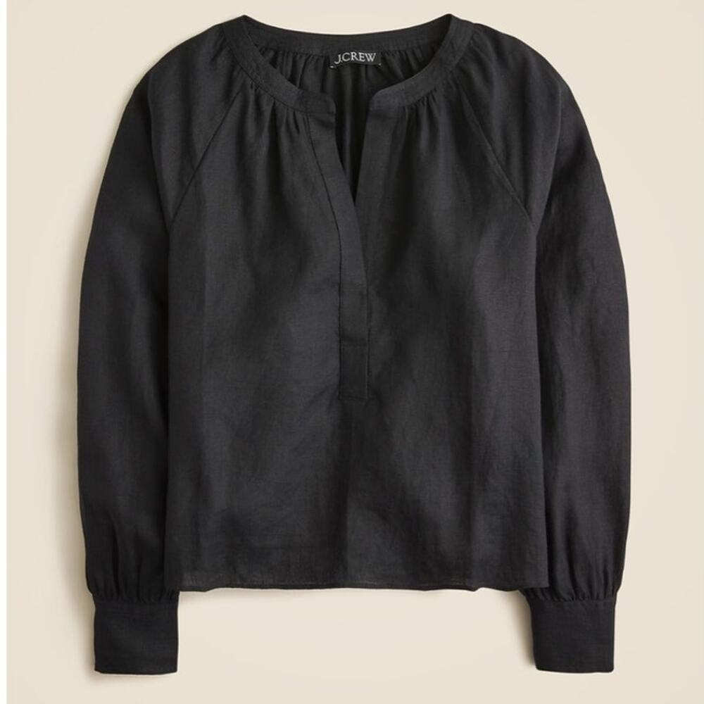 J.Crew Cabana Top Black 100% Linen Small S Long Sleeve Popover Blouse